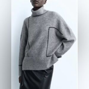 Zara Gray Wool Blend Turtleneck Sweater with Contrast Seams (Size S)
